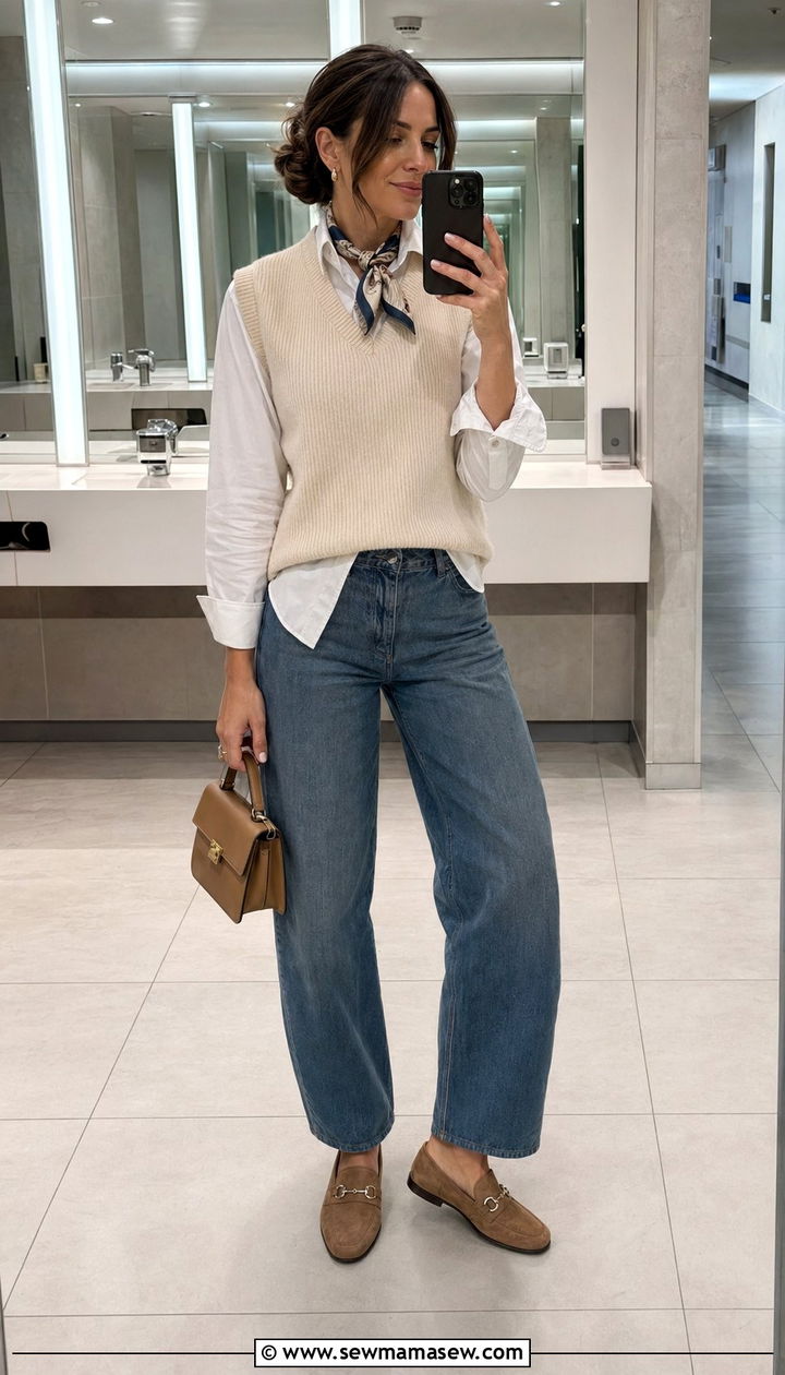 Sweater vest and barrel jeans with a knotted neck scarf - 30 Airport outfit ideas with a scarf