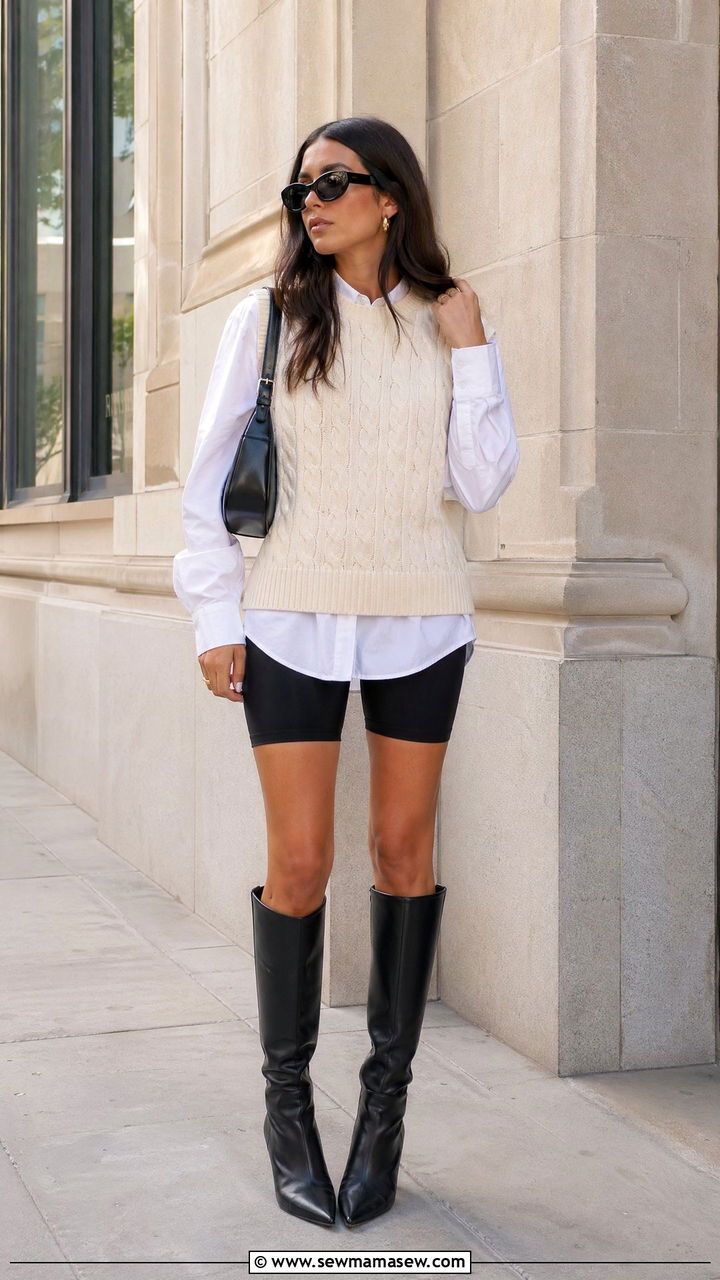 Sweater vest and biker shorts - 35 sporty chic outfits ideas