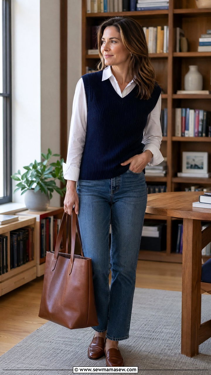 Sweater vest and collared shirt outfit - 35 Casual outfits for moms