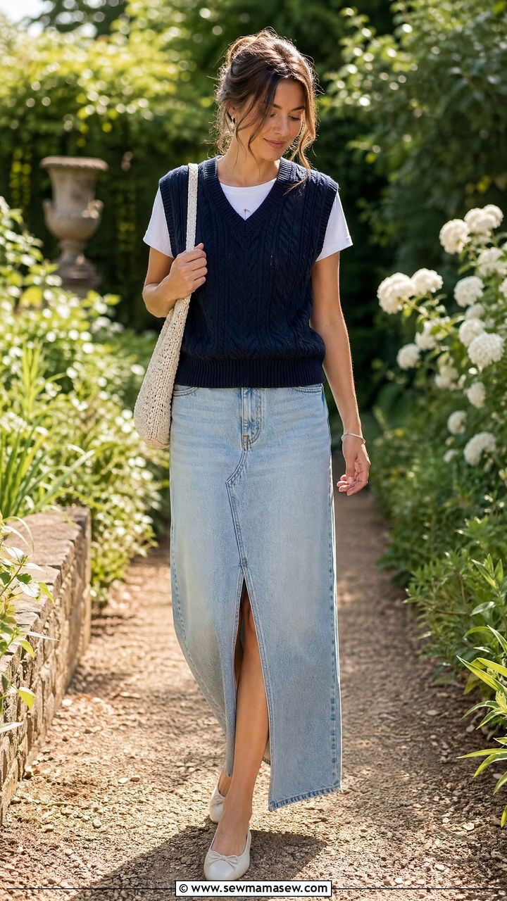 Sweater vest and denim maxi skirt outfit - 35 Cool girl outfit ideas