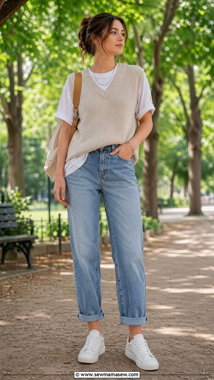 Sweater vest and jeans - 35 Summer outfits with jeans