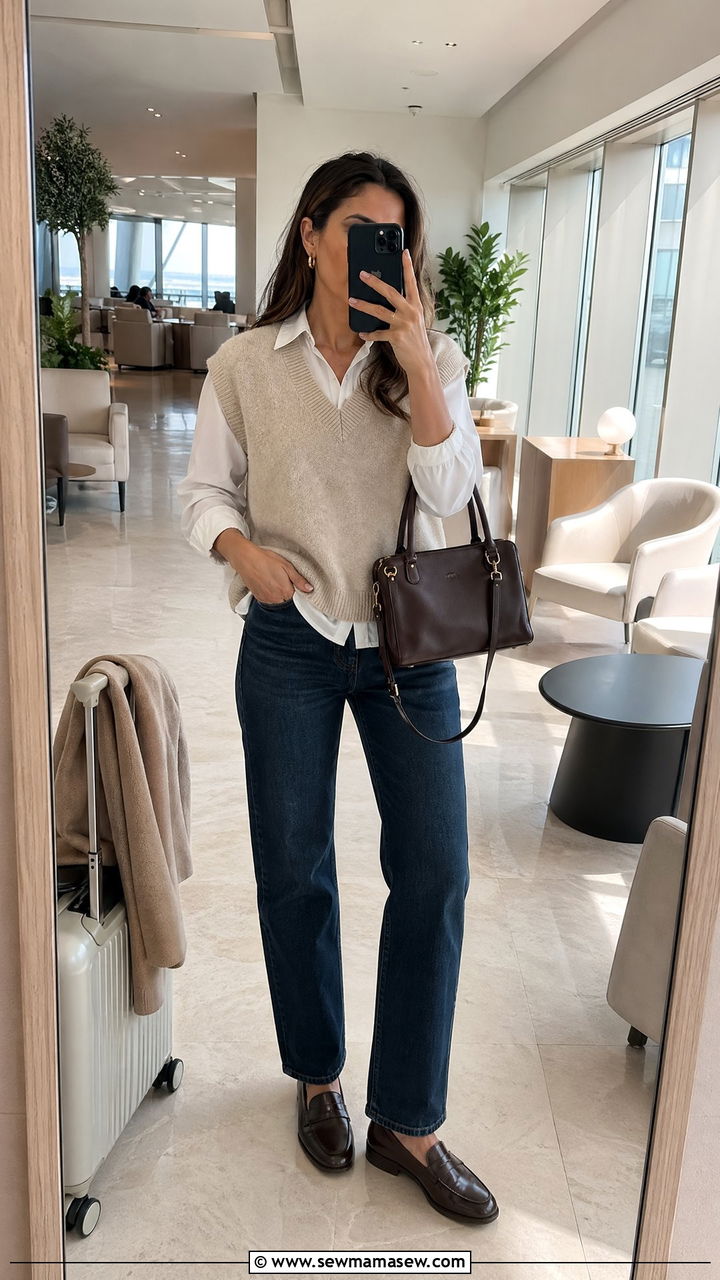 Sweater vest and straight leg jeans airport outfit - 35 chic airport outfits for women