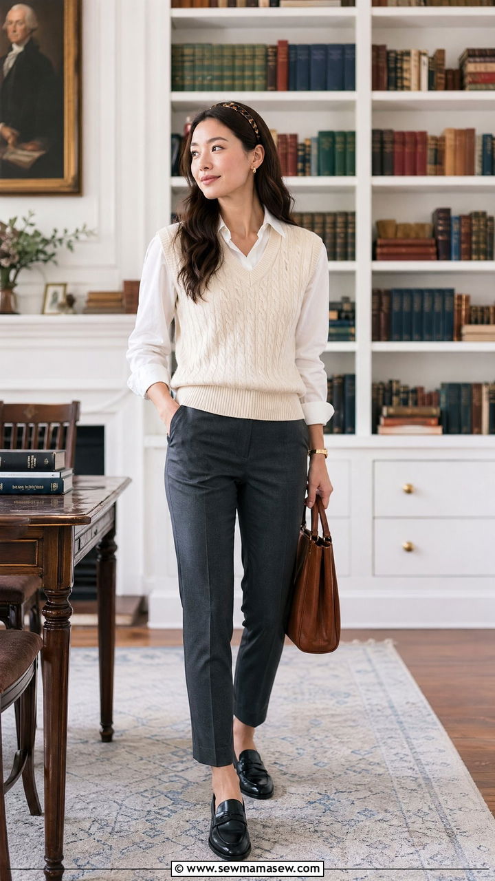 Sweater vest and tailored pants outfit - 35 shopping outfit ideas for women