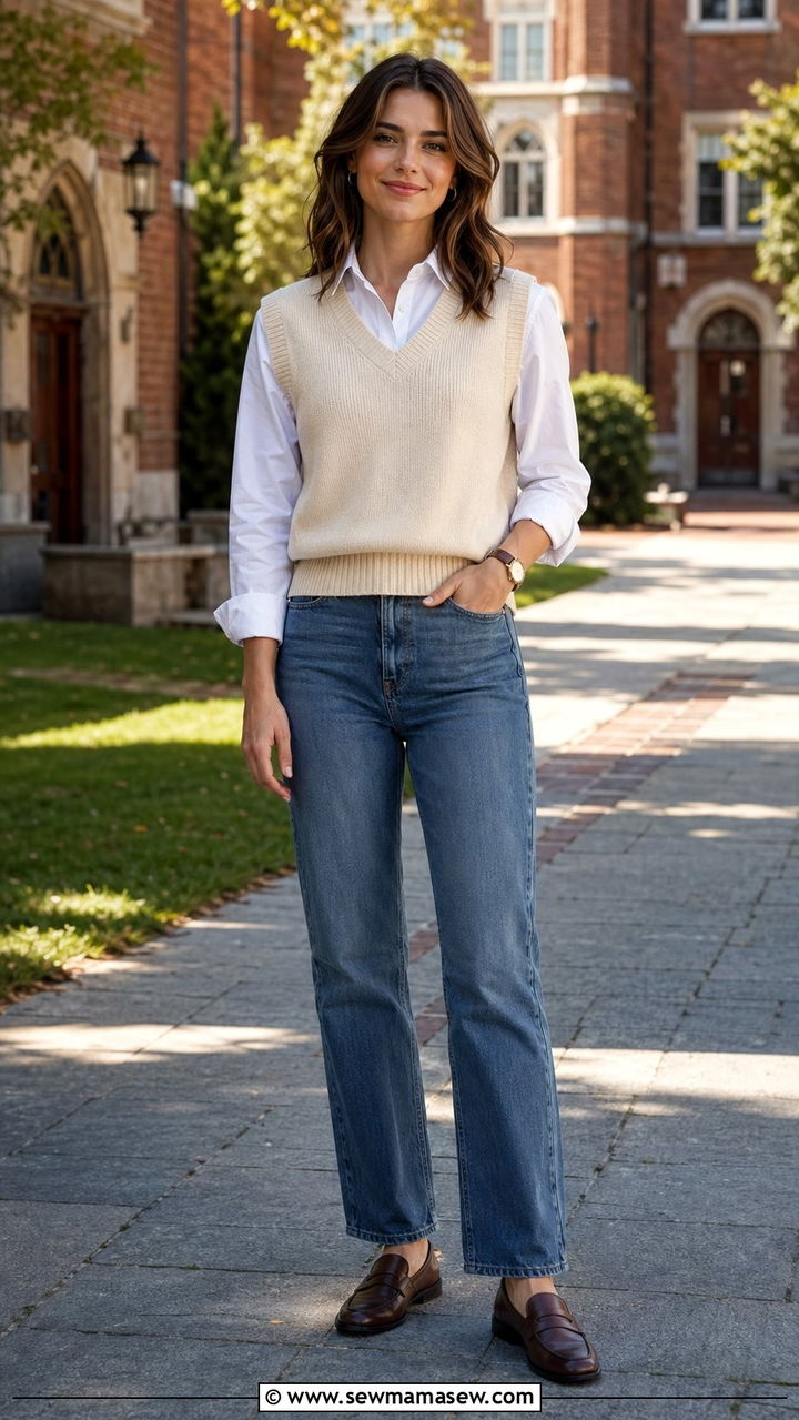 Sweater vest and white button down with straight jeans - 30 Back to school outfit ideas for college 2026