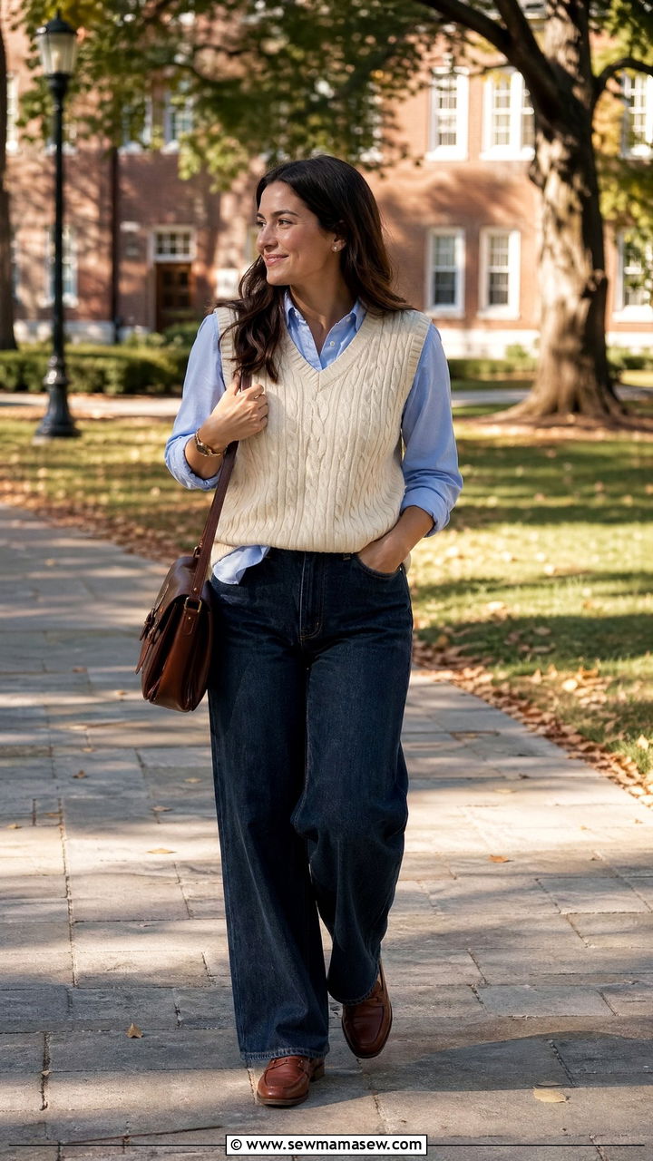 Sweater vest layered over a button down shirt - 35 Sweater weather outfit ideas