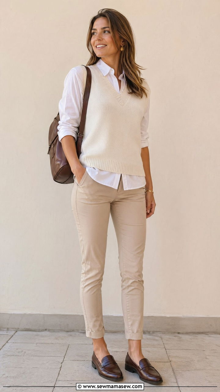Sweater vest layered over a button down shirt - 35 spring smart casual outfit ideas