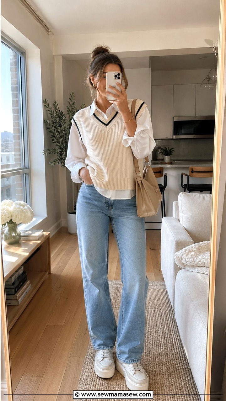 Sweater vest layered over a collared shirt with jeans - 30 spring everyday outfits for women