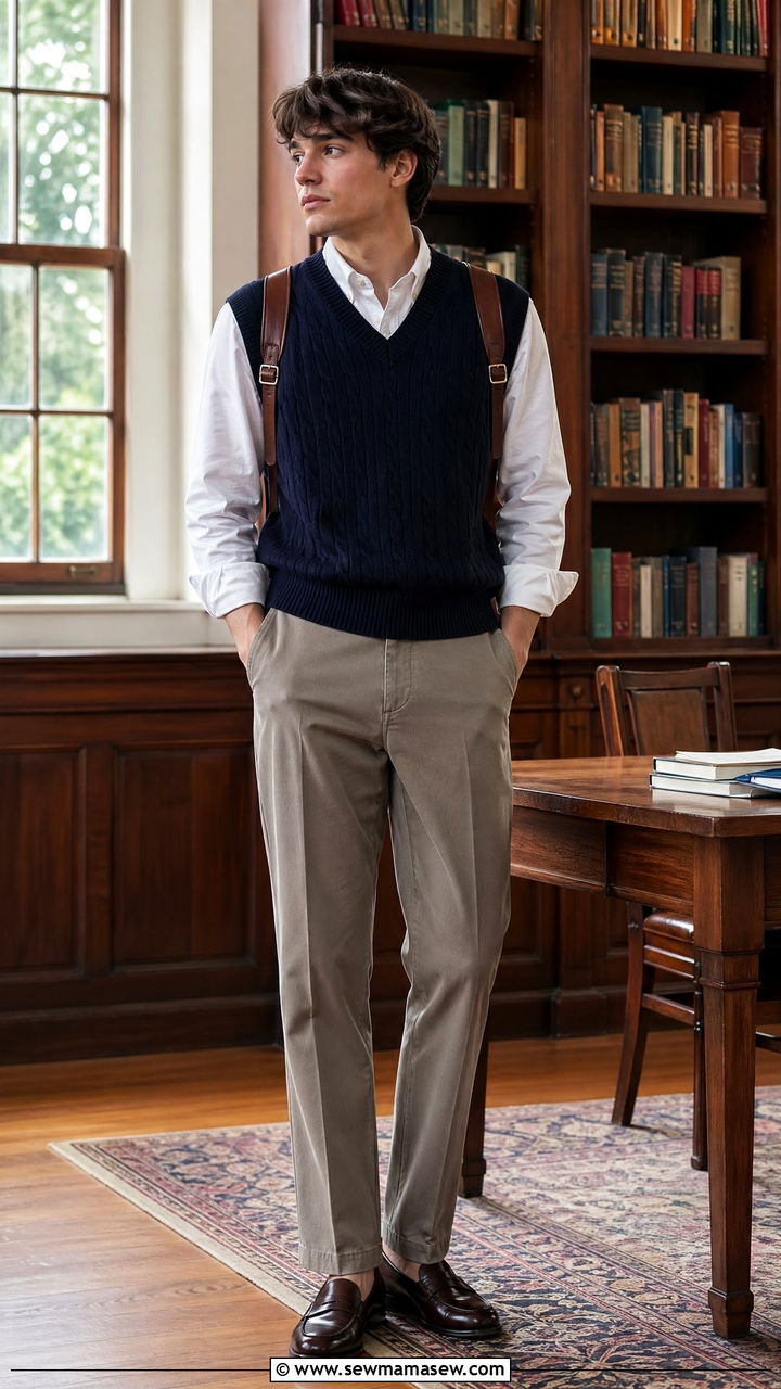 Sweater vest layered over a collared shirt - 35 casual school outfits
