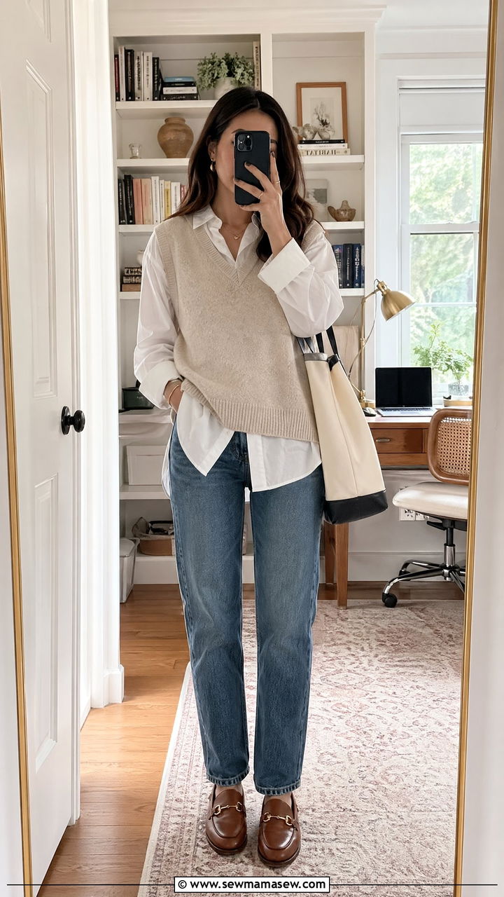Sweater vest layered over a shirt outfit - 35 Smart casual outfit ideas for women