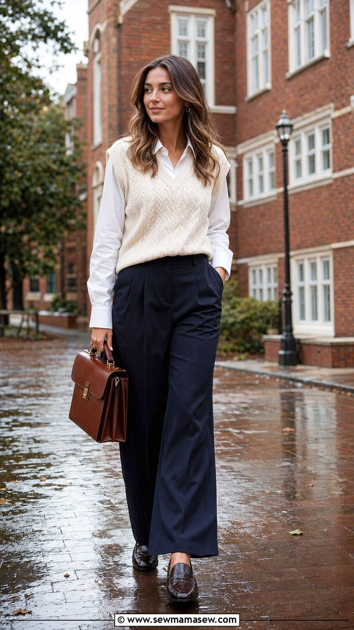 Sweater vest over a button down with pleated trousers - 30 April showers outfit ideas