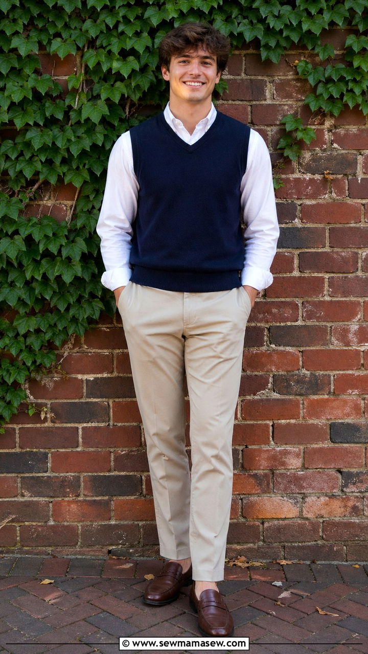 Sweater vest over button down senior photo - 30 Senior portrait outfit ideas guys