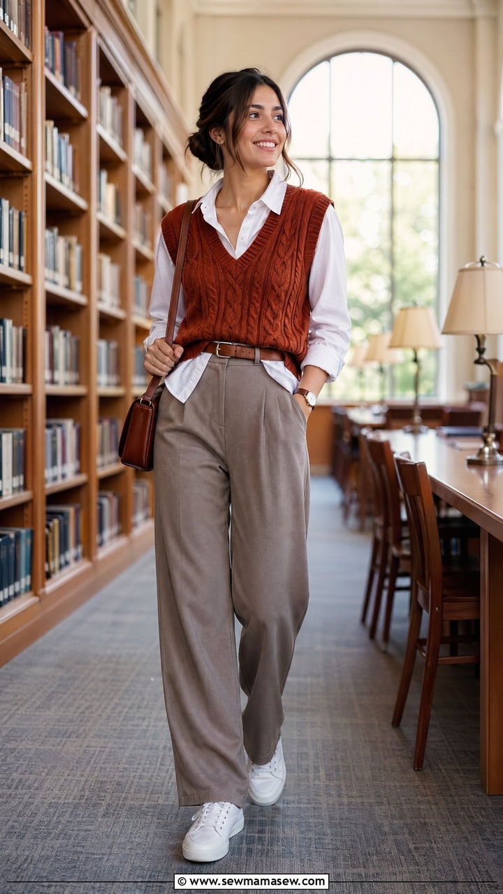 Sweater vest over white shirt outfit - 35 cute school outfits