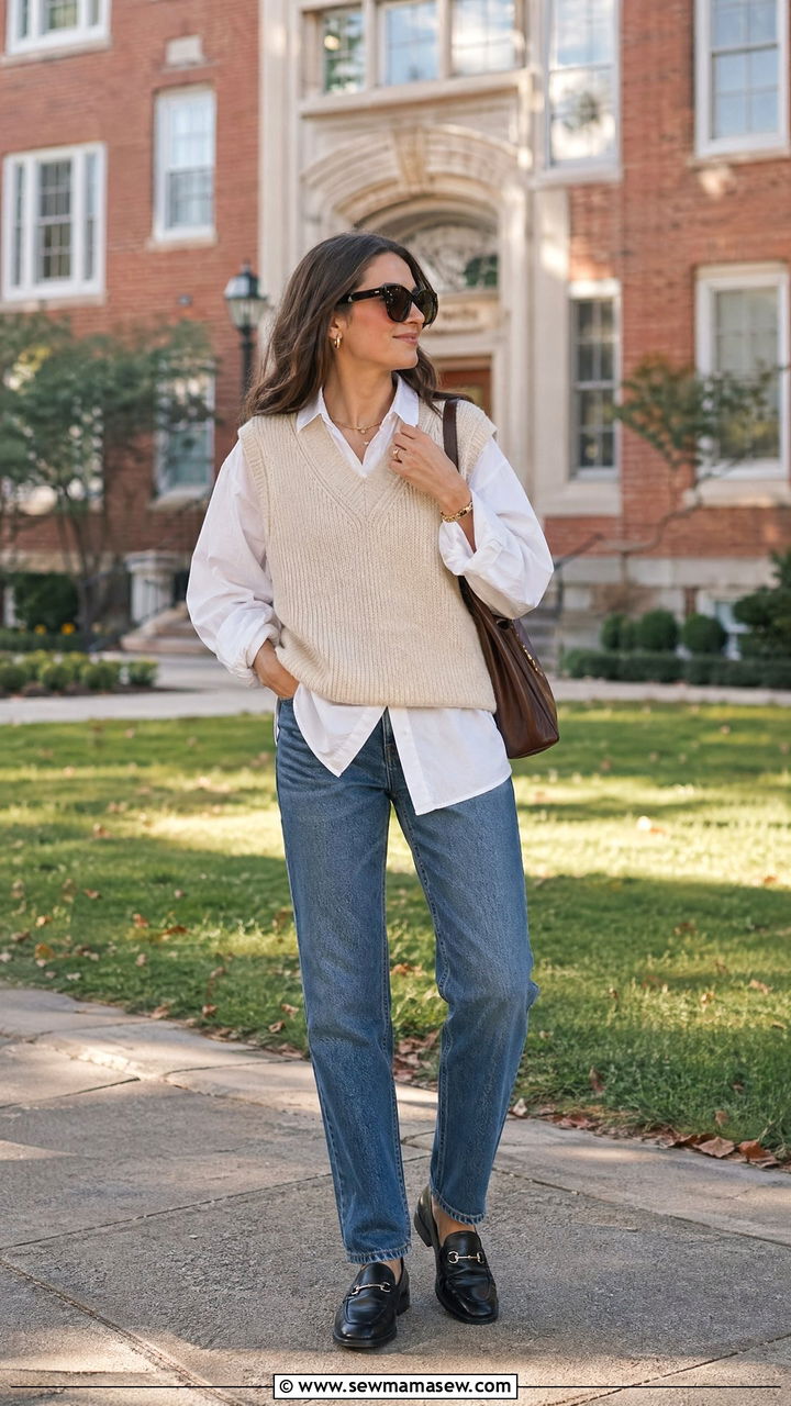 Sweater vest with an oversized button down shirt - 35 chic outfit ideas for women