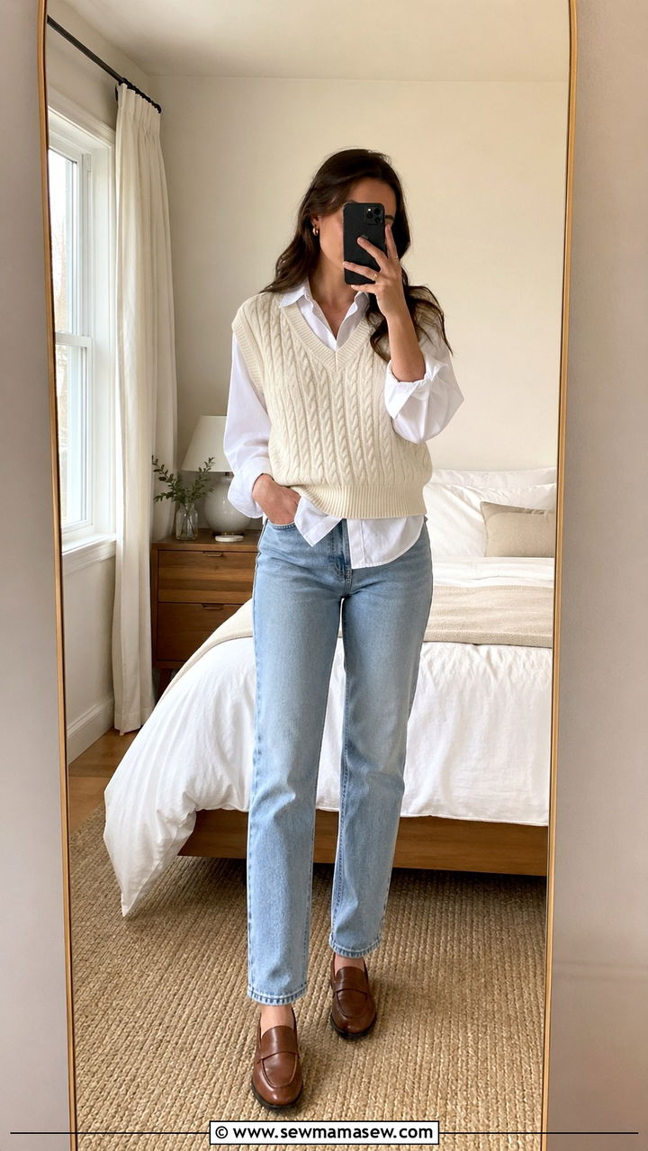 Sweater vest with button down shirt - 30 Spring layering outfits
