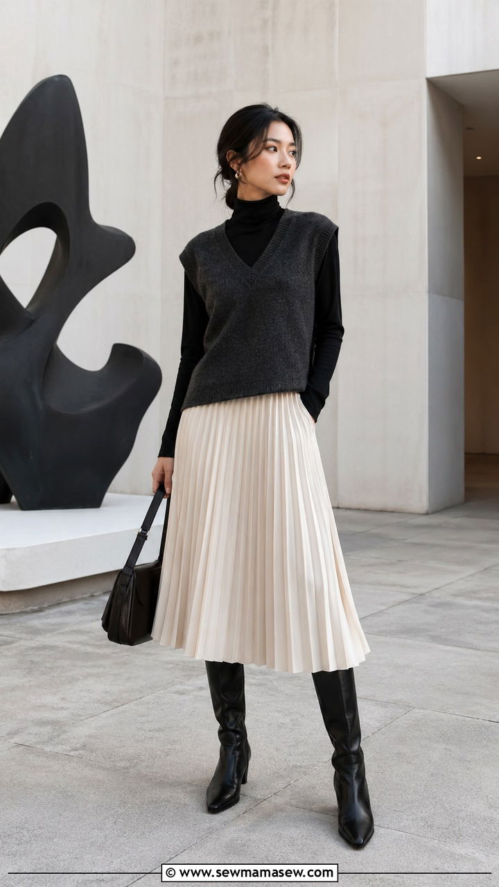 Sweater vest with midi skirt - 30 Spring layering outfits