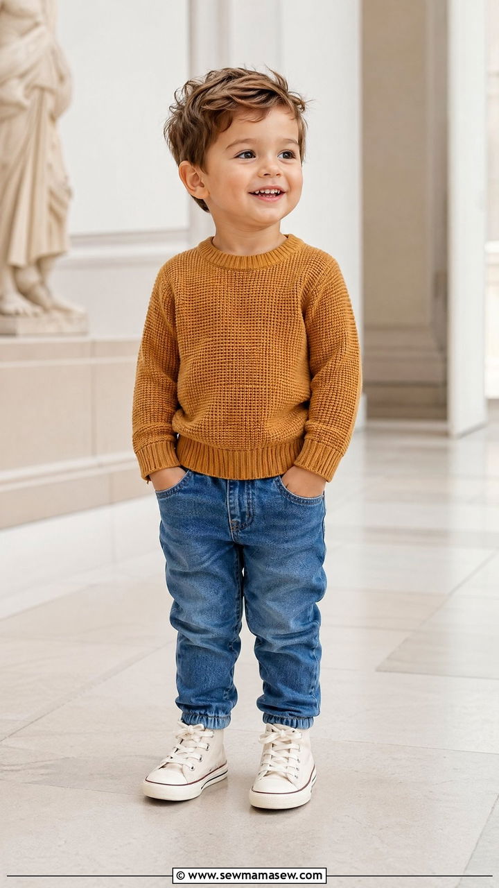 Sweater with Pull On Jeans and High Top Sneakers - 35 Spring outfits for toddlers
