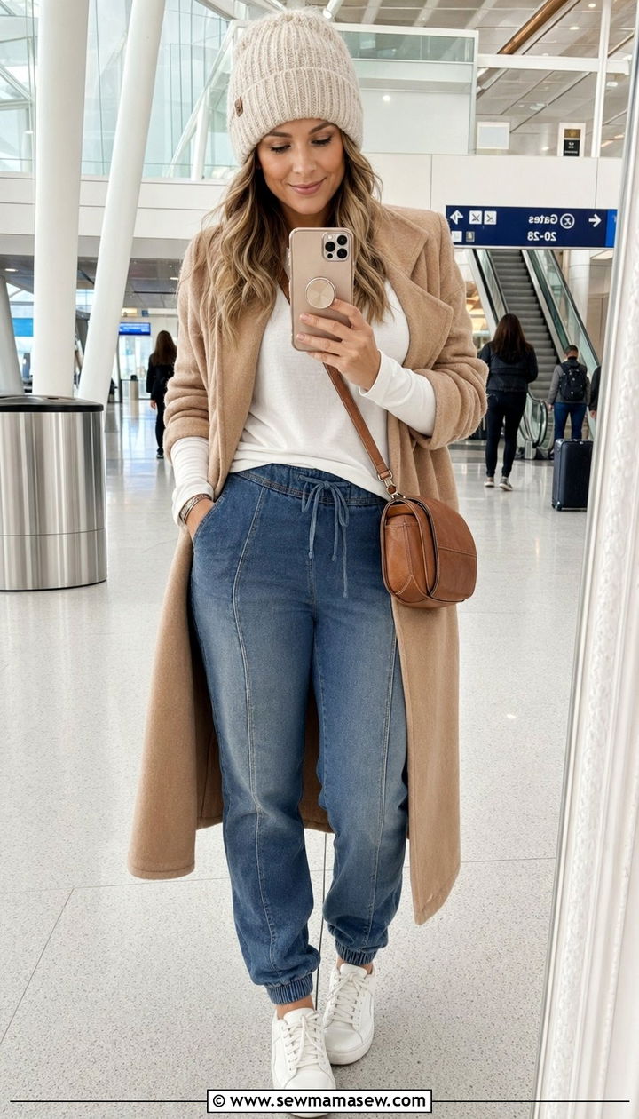Sweatpant Jeans Cozy Coat Airport Outfit - 30 Airport outfit ideas aesthetic