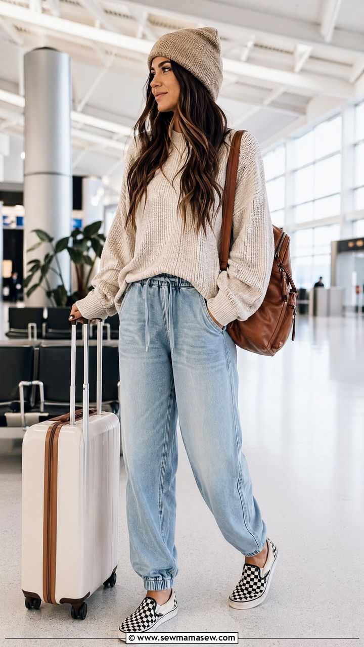 Sweatpant Jeans with Cozy Knit and Slip On Sneakers - 35 what to wear to the airport