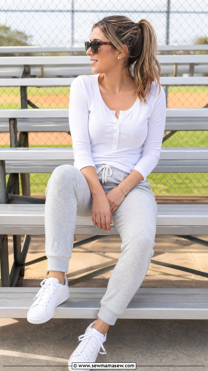 Sweatpants and Button Down Tee Outfit - 35 Spring outfits for stay at home moms