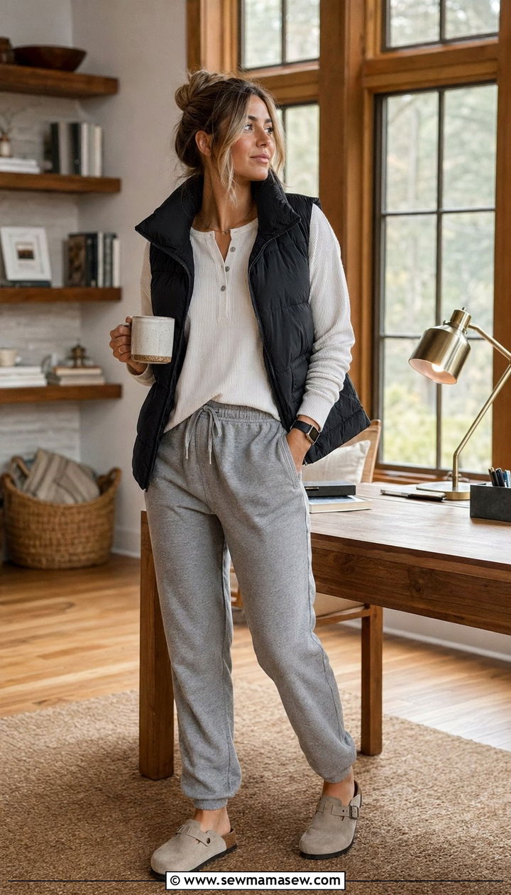 Sweatpants with henley top and puffer vest outfit - 30 Athleisure outfit ideas for work from home