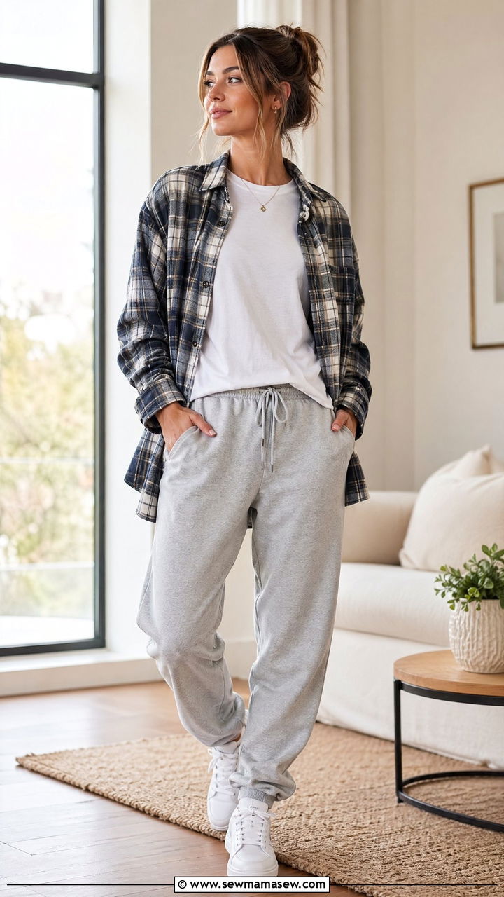 Sweatpants with plaid overshirt spring outfit - 35 spring comfy outfit ideas