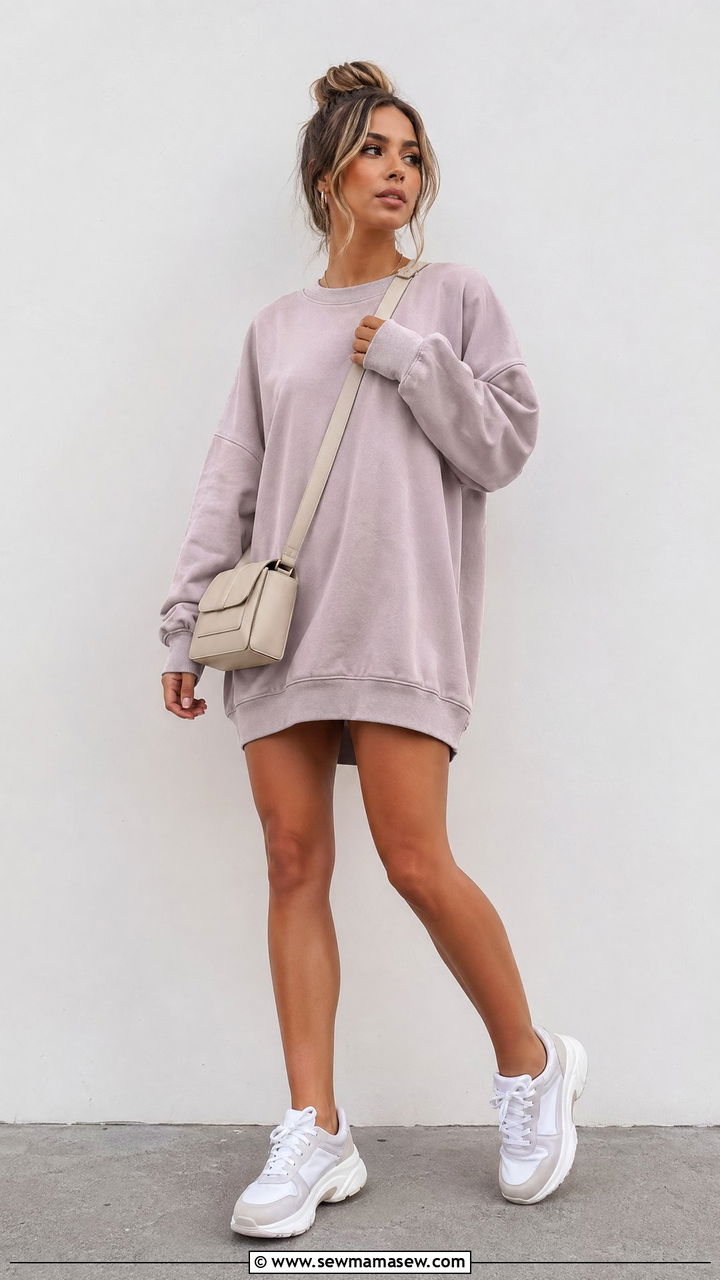 Sweatshirt Dress with Chunky Sneakers and Crossbody Bag - 35 summer sporty chic outfit ideas