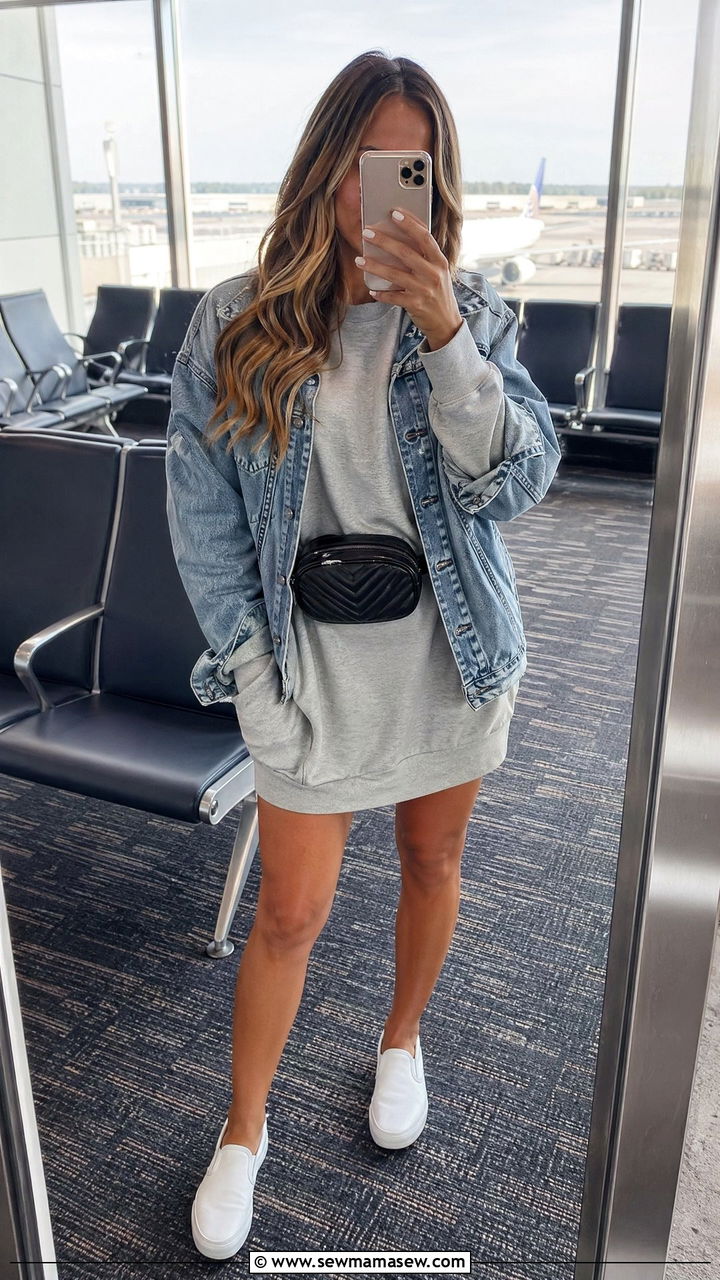 Sweatshirt Dress with Slip On Sneakers - 35 Comfy airport outfit ideas