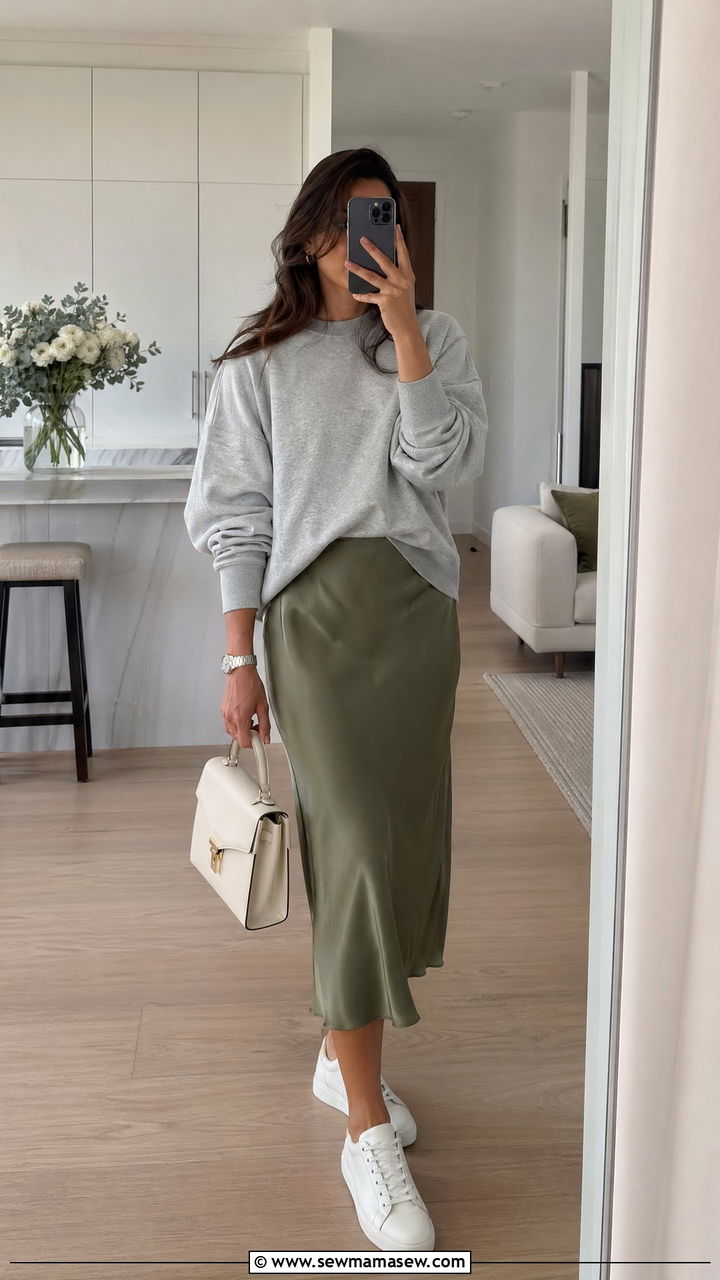 Sweatshirt Over Midi Skirt - 35 Cold summer outfits