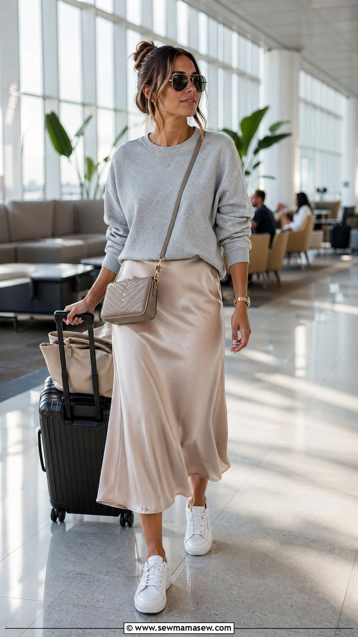 Sweatshirt With Midi Skirt And Sneakers - 35 classy airport outfits