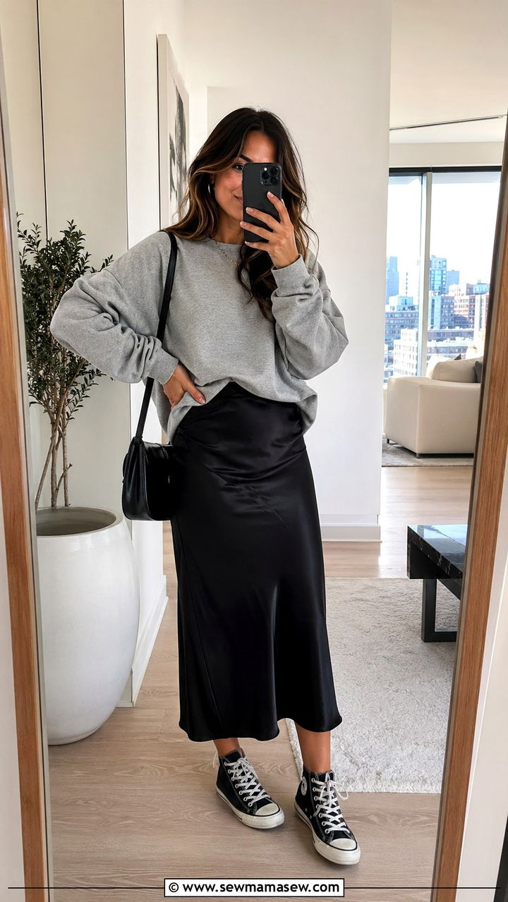 Sweatshirt With Slip Skirt and High Top Sneakers - 30 slip skirt outfit ideas for women