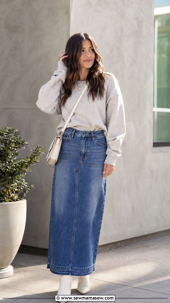 Sweatshirt and Denim Maxi Skirt Casual Modest Outfit - 35 modest classy outfits aesthetic