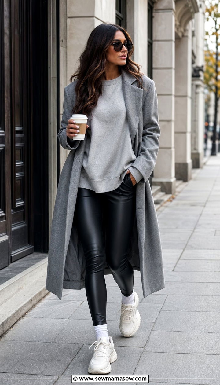 Sweatshirt and faux leather leggings outfit - 35 Outfit ideas for new moms