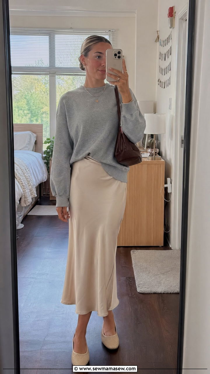 Sweatshirt and midi skirt outfit - 35 College campus outfit ideas
