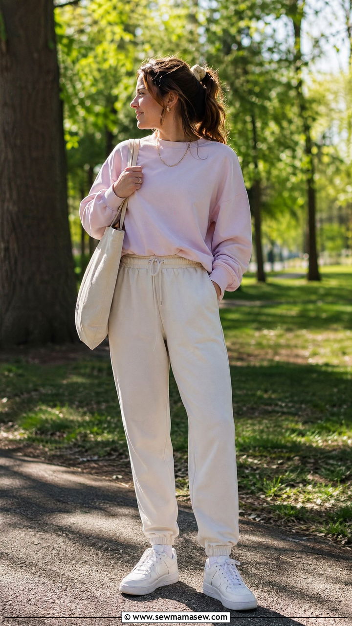 Sweatshirt and relaxed joggers spring outfit - 35 spring comfy outfit ideas