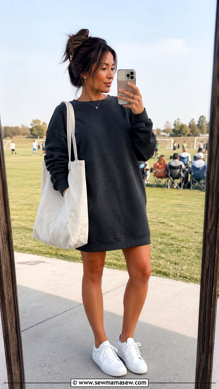 Sweatshirt dress with sneakers and tote bag - 30 Sports mom outfit ideas