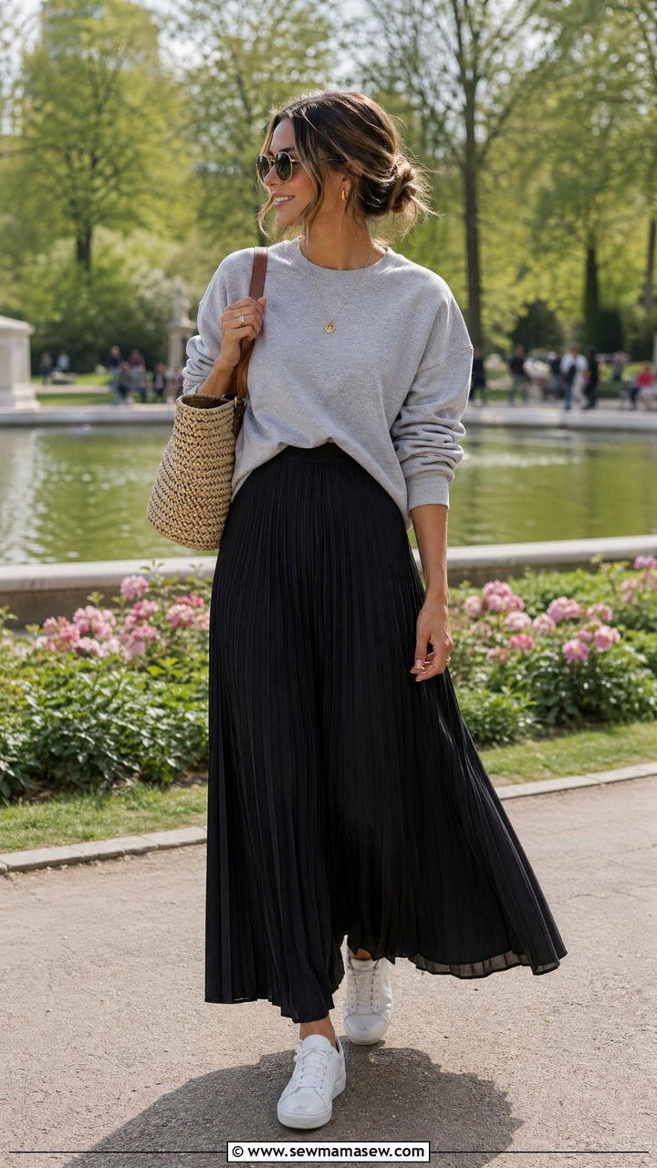 Sweatshirt with Pleated Maxi Skirt and Sneakers - 35 sporty chic outfits for women