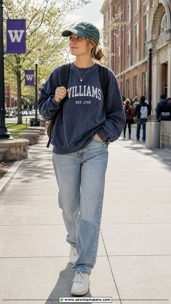 Sweatshirt with Straight Leg Jeans and a Baseball Cap - 35 casual straight leg jeans outfits