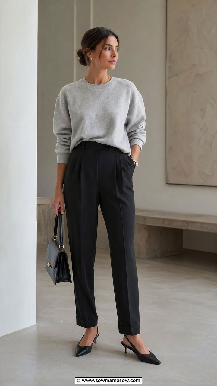 Sweatshirt with Tailored Trousers and Slingback Heels Outfit - 35 transitional sporty chic outfit ideas