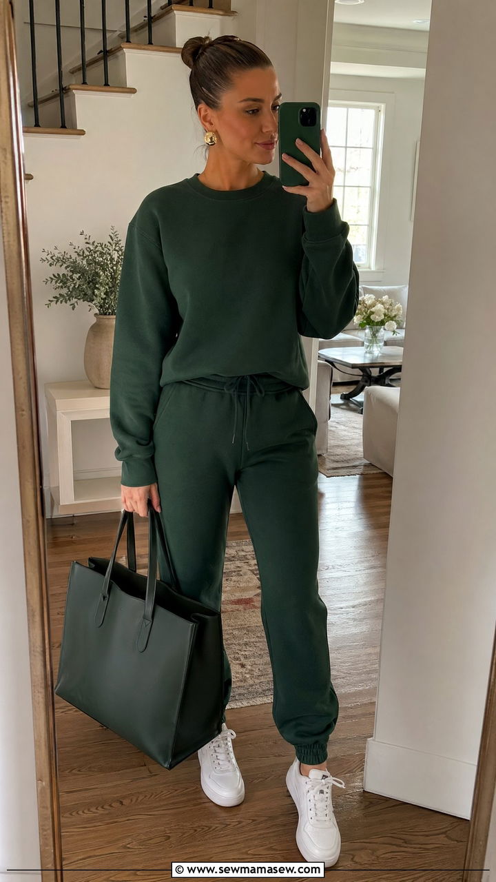 Sweatsuit Set With Structured Tote And Sleek Bun - 35 Sporty chic outfit ideas for errands