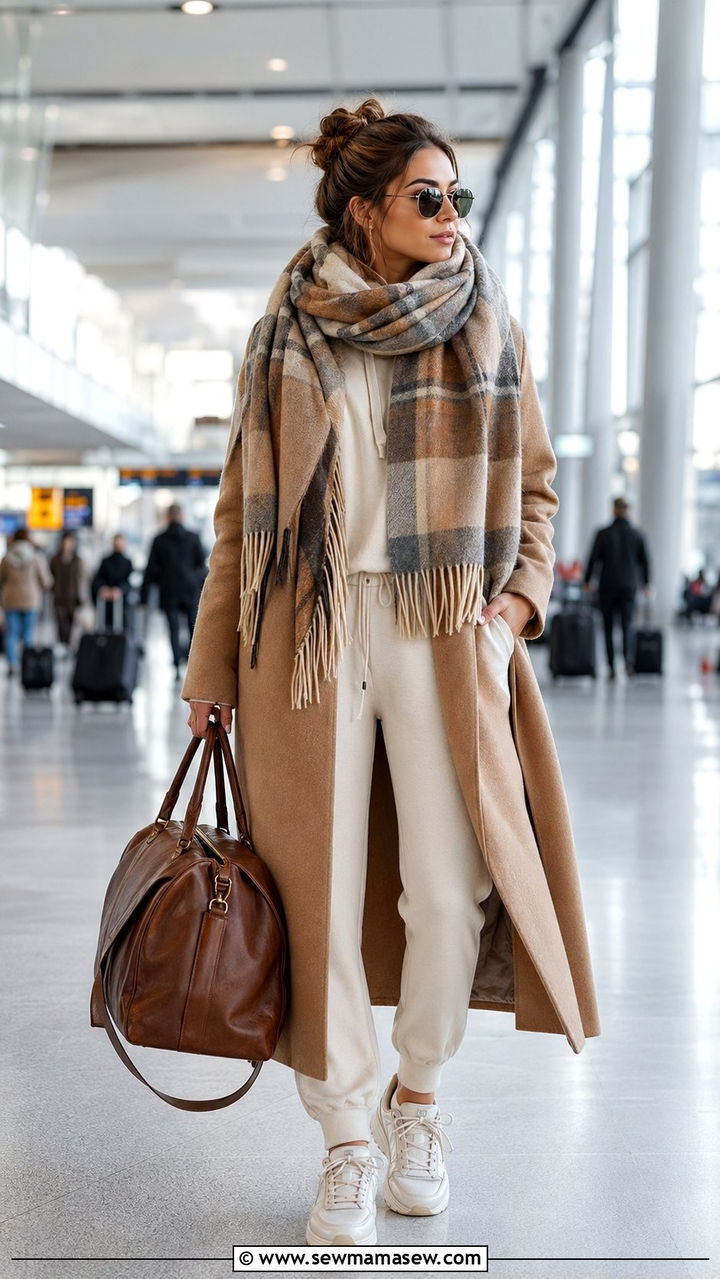 Sweatsuit and long coat with a plaid blanket scarf - 30 Airport outfit ideas with a scarf
