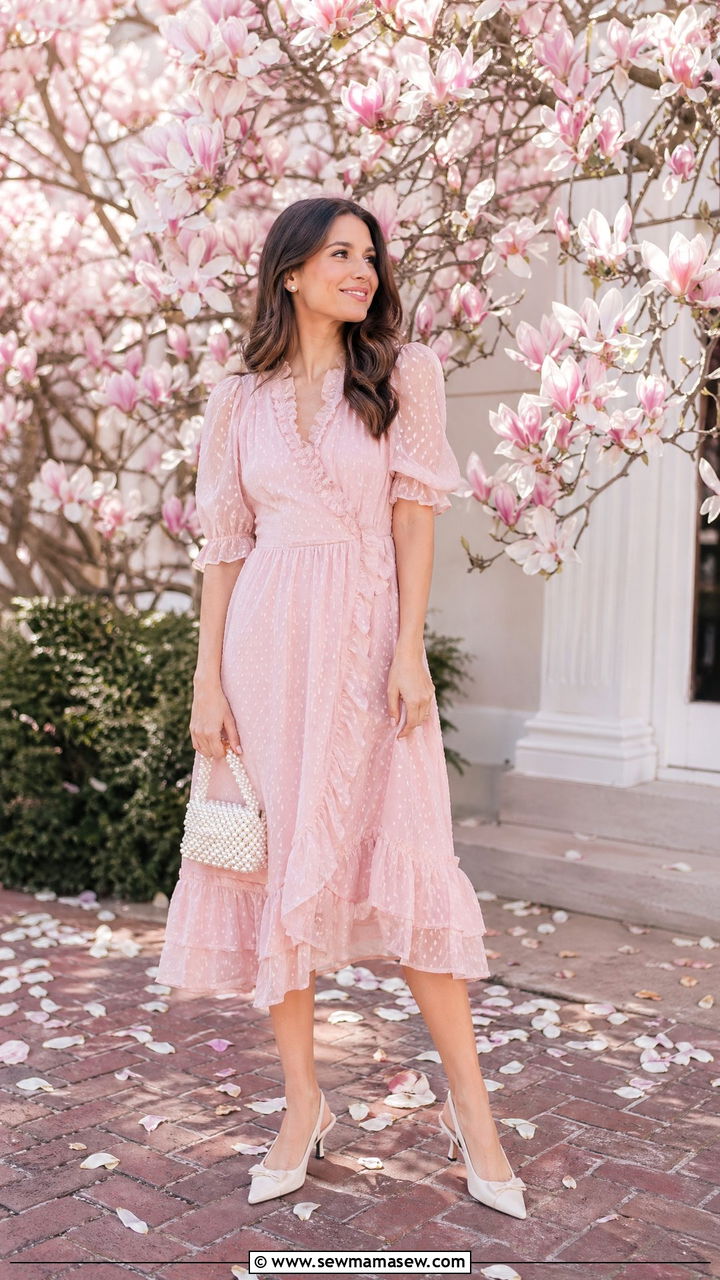 Swiss dot dress with kitten heels - 35 spring romantic outfit ideas