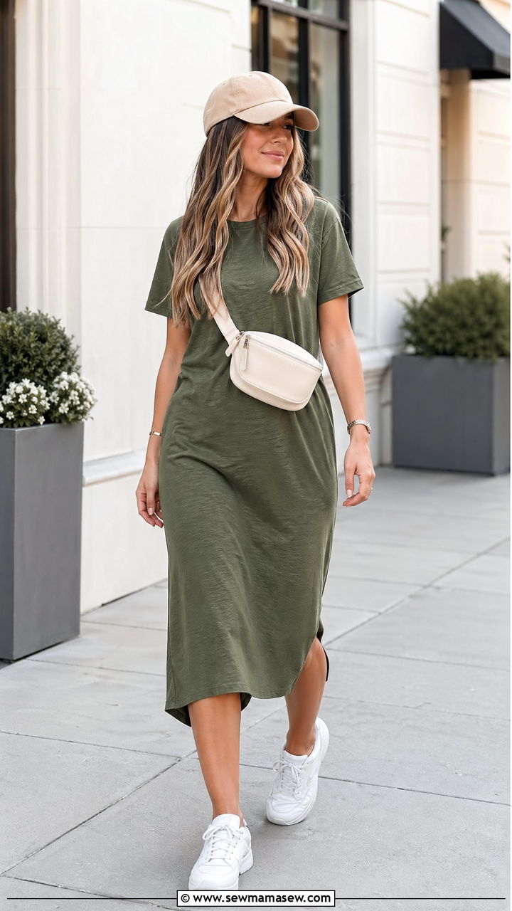 T Shirt Dress With Baseball Cap Summer Mom Outfit - 35 Summer mom outfit ideas