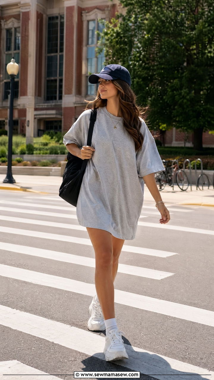 T Shirt Dress with Chunky Sneakers and Baseball Cap - 35 college outfits ideas