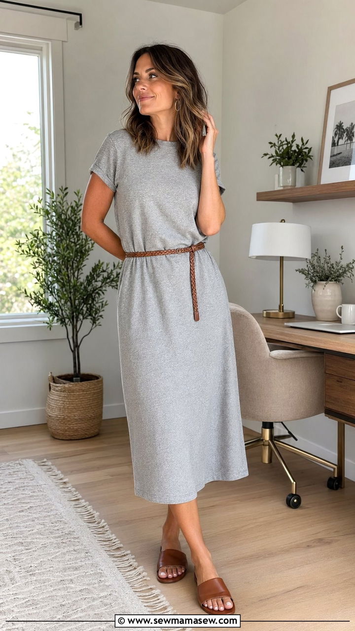 T Shirt Dress with Flat Slide Sandals - 30 Work from home outfits for summer