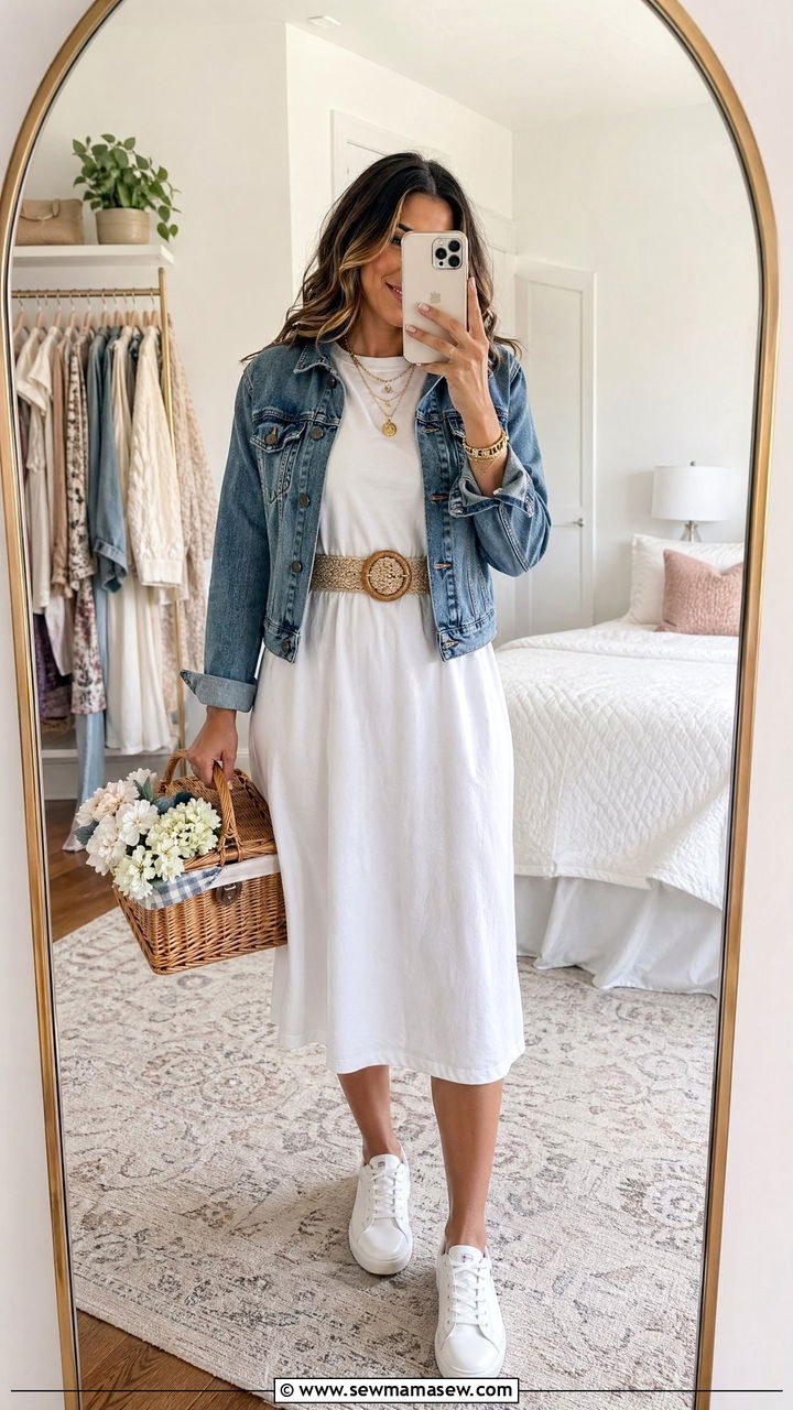 T Shirt Dress with Layered Jewelry - 35 Spring picnic outfit ideas