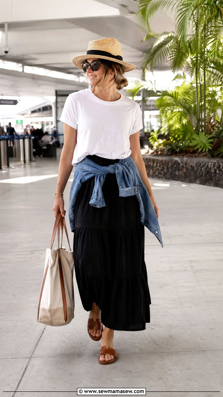 T Shirt and Maxi Skirt Airport Outfit - 35 classy airport outfit ideas