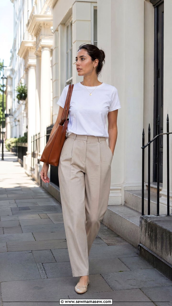 T Shirt and Tailored Trousers With Ballet Flats - 35 casual outfits ideas