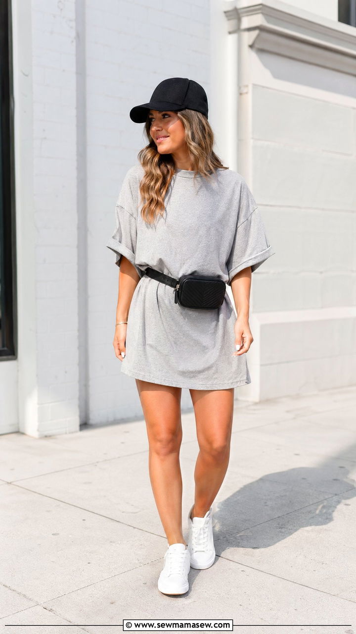 T shirt dress and baseball cap outfit - 35 Casual outfits for moms