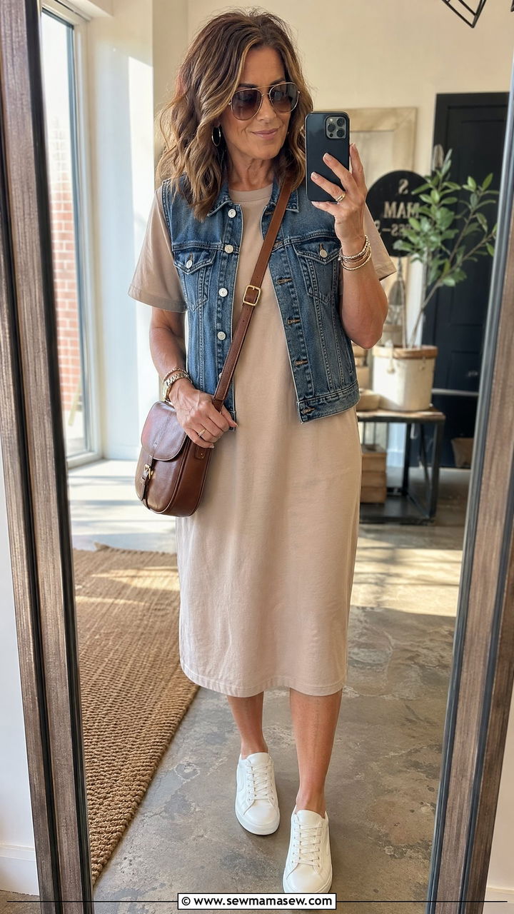 T shirt dress with a denim vest - 35 Casual outfits for women over 40