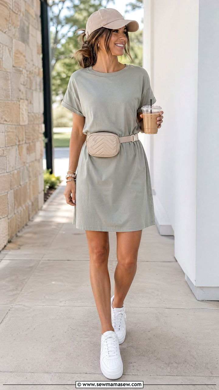 T shirt dress with baseball cap - 35 summer outfits for moms